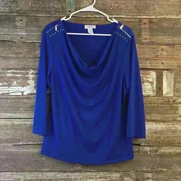 Carmen Tops - Carmen Blue Ladies Blouse, Size XL with cute gold zipper features at shoulders.